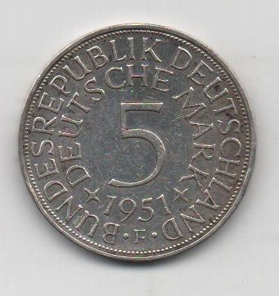 ALEMANIA DEL AÑO 1951 LETRA F DE 5 MARCOS